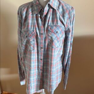7 For All Mankind Light Blue and Coral Plaid Shirt